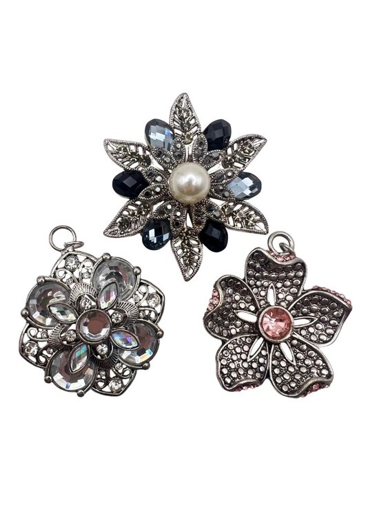 Jewelry - Lot 3 Silver Tone Floral Pendants Acrylic Crystals Faux Pearl Brooch Pink Blue